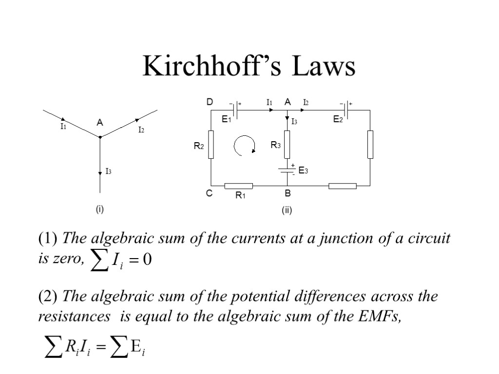 Kirchhoff’s Laws (1) The algebraic sum of the currents at a junction of a